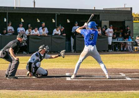 Matt Maize up to bat in a blue jersey in a left-handed batting stance
