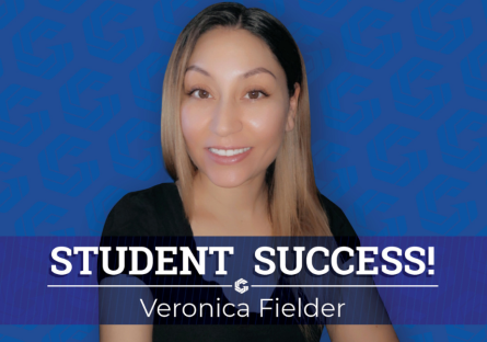 Image of Veronica Fielder smiling on a blue background with GateWay logo