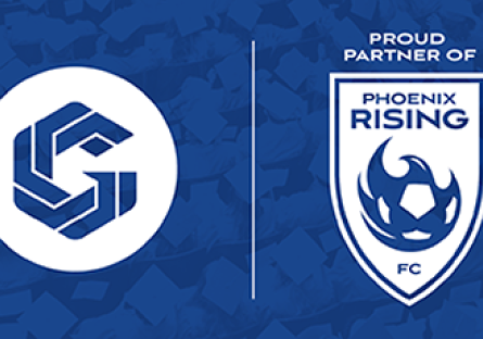 The GateWay Community College Logo (left) and the Phoenix Rising logo (right) on a blue background, separated by a vertical white line. Above the Phoenix Rising logo on the right, the phrase "Proud Partner Of" appears.