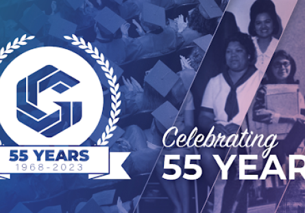 The GateWay Community College 55th Anniversary Logo, with text saying "Celebrating 55 Years" in white font on the right side. The pictures in the background are a variety throughout the history of GateWay Community College.