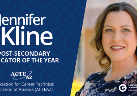 A headshot of Jennifer Kline on the right. On the left, a blue background with white text saying "Jennifer Kline Post Secondary Educator of the Year" with the ACETAZ logo below and "Association for Career Technical Education of Arizona (ACTEAZ)" underneath.