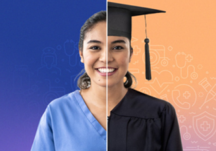 A woman who is split in half wearing two different attires - on the left, wearing a blue long-sleeved shirt; on the right, wearing a graduation cap and gown