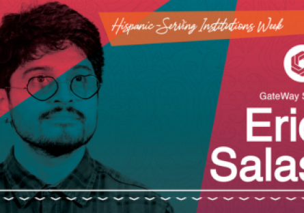 A picture of Eric Salas, with alternating pink and teal overlay. The text "Eric Salas" in white is on the right. "Hispanic-Serving Institution Week" is up top in white text on an orange background.