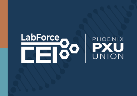 The CEI LabForce and Phoenix Union High School logos on a blue background with a DNA strand in the back.
