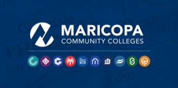Blue background with white Maricopa Community College logo with 10 college identifies below.
