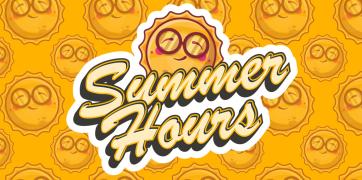 Yellow background with sun, text reads Summer Hours. 