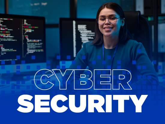 Woman sitting at desk near computer with text "Cyber Security"