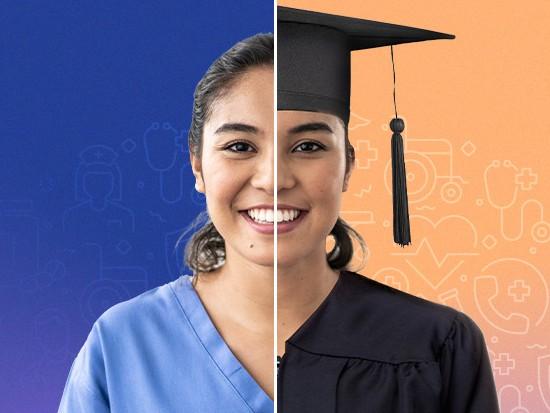 A split image of a woman shown as both a nursing student in scrubs and a graduate in a cap and gown