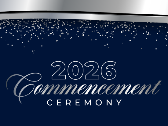 Navy blue graphic with silver accents reading “2026 Commencement Ceremony,” featuring a curved silver banner and scattered confetti along the top.