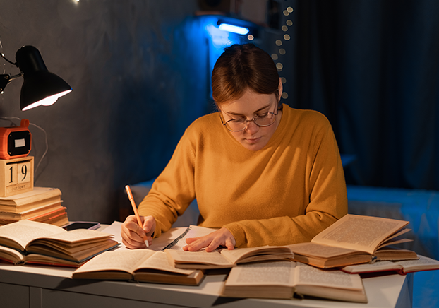Student sitting at desk with books