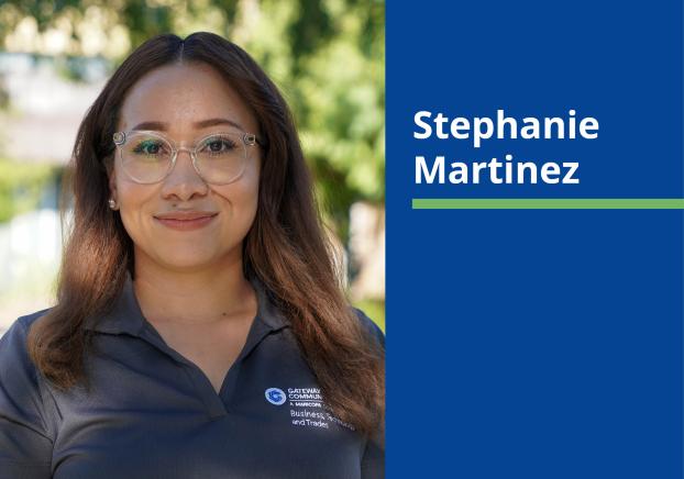 Photo of woman wearing glasses, smiling at camera. On right side blue background with the text "Stephanie Martinez" in a white font.