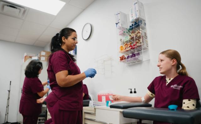 Healthcare students practicing clinical phlebotomy skills together in a lab classroom